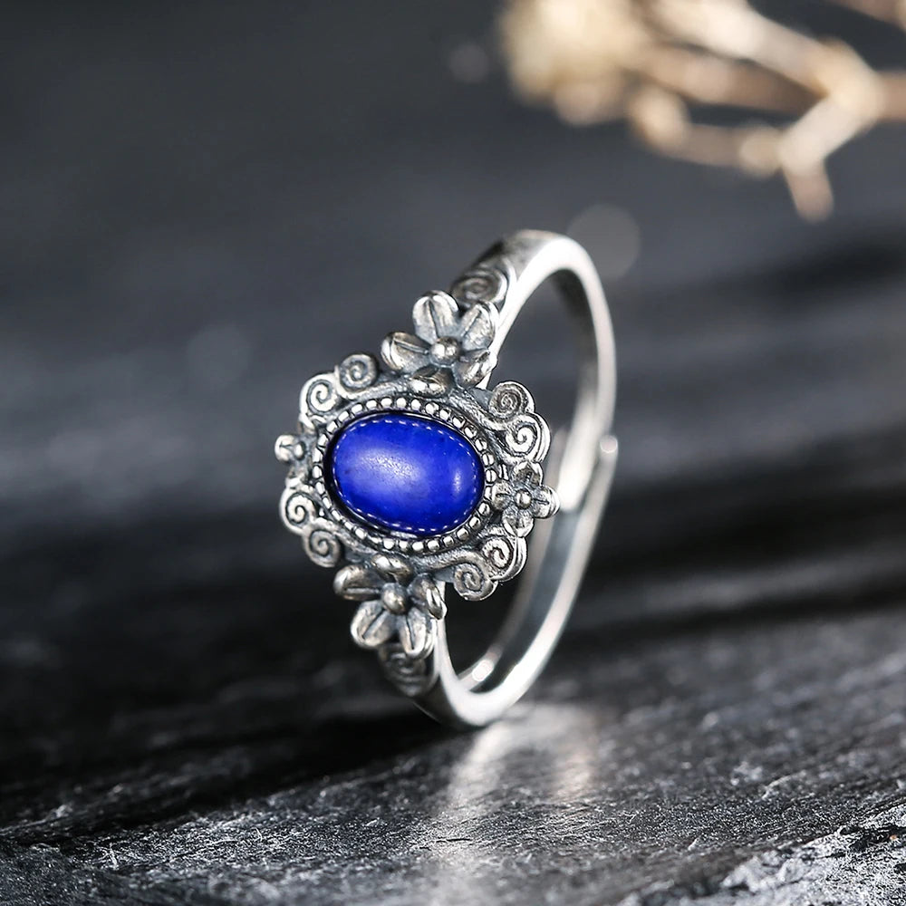 Hand Made Vintage Style Ring with Natural Lapis Lazuli Stone Antique 925 Silver Floral Design Oval Lapis Cabochon
