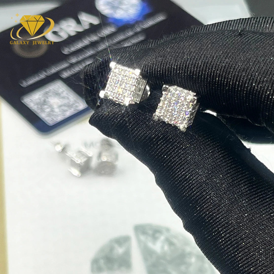 Sparkly Jewelry Ice Out Moissanite Ear Stud VVS Square Shape S925 Sterling Round Cut Diamond Stud Earrings for Women