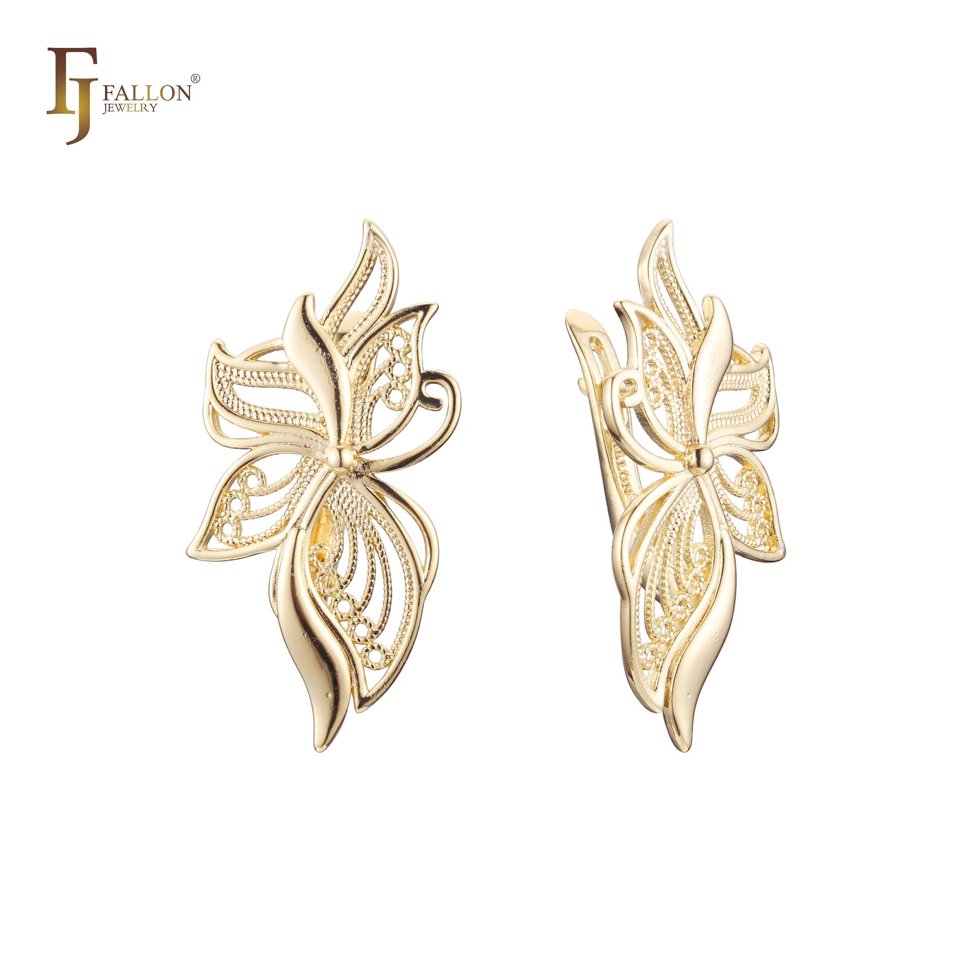 FJ Fallon Fashion Jewelry Leaves Butterfly Clip-On Earrings Plated in 14K Gold Brass Based