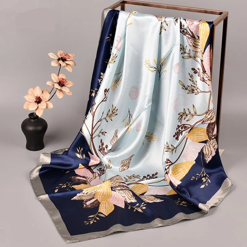 2024 New Arrival Imitated Silk Satin 90 cm square Silk Scarf Female Milk Silk Scarf Shawl Fashion Flower Printing Kerchief