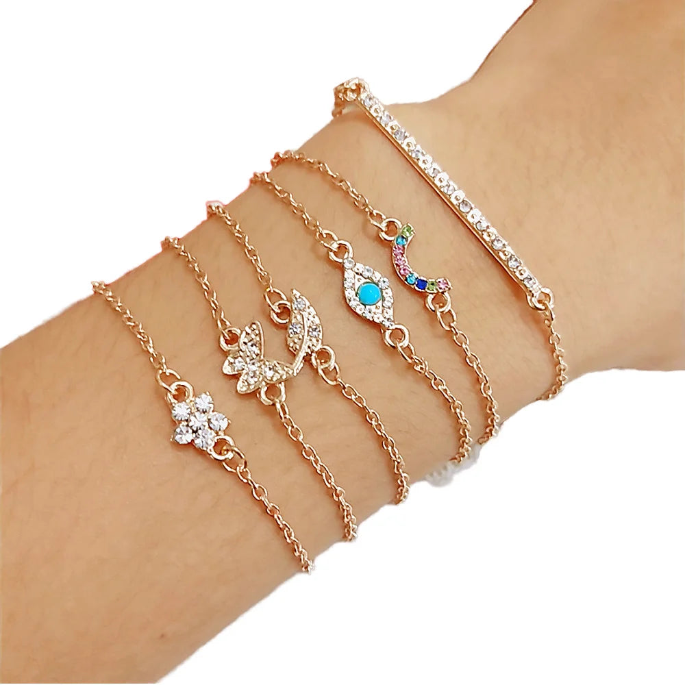 2024 New Arrival Set of 6pcs Simple Female Butterfly Leaf Eye Turquoise Bracelets Fashion Charm Jewelry Wholesale