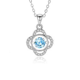 Elegant 925 Sterling Silver Sky Blue Zirconia Necklace Clover Shape Halo Dancing Necklaces for Women Wholesale