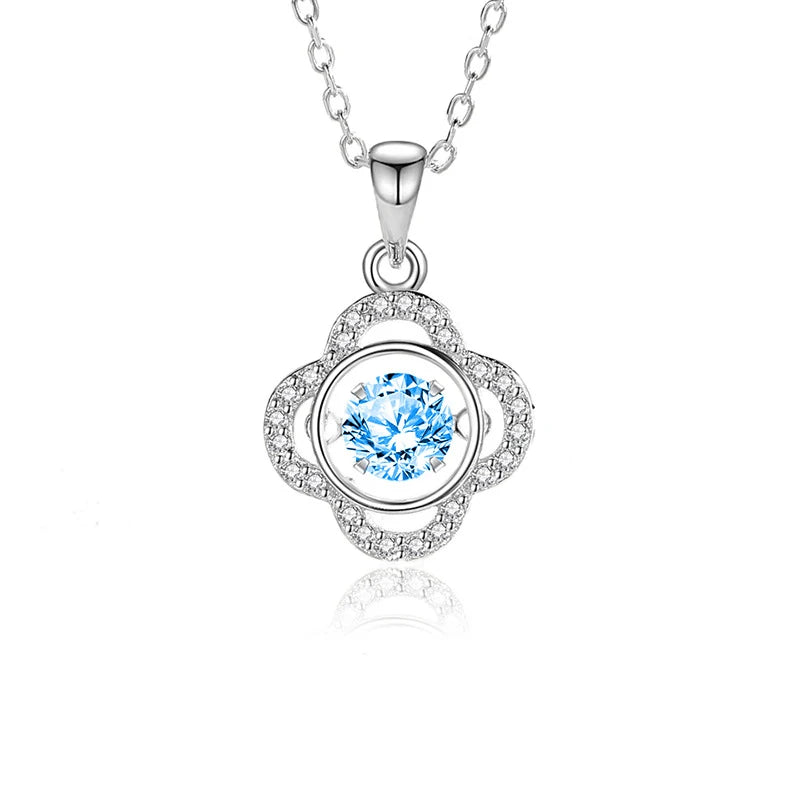 Elegant 925 Sterling Silver Sky Blue Zirconia Necklace Clover Shape Halo Dancing Necklaces for Women Wholesale