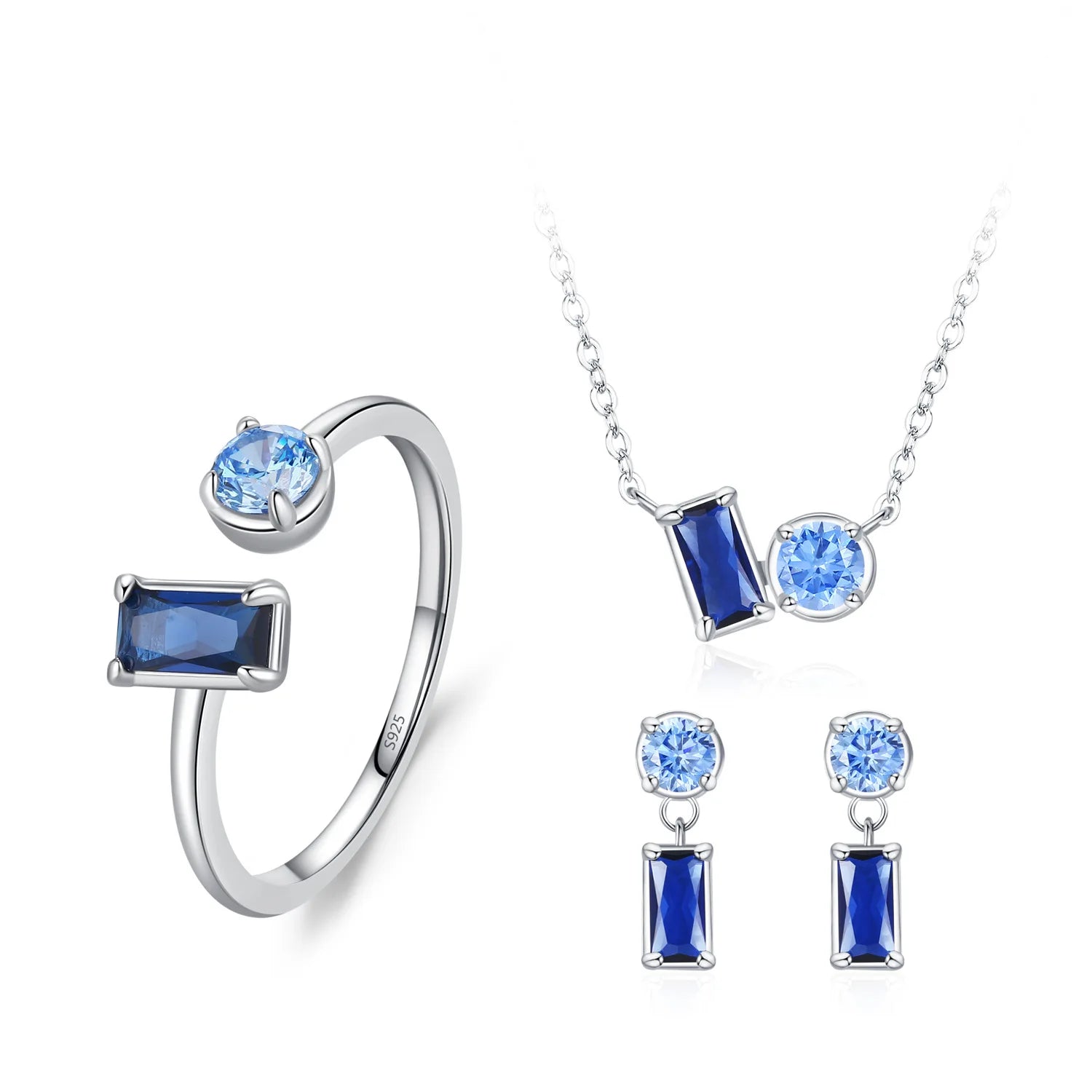 Romantic Blue Zircon Jewelry Set 925 Sterling Silver Geometric Square CZ Open Ring Stud Earrings Necklace 3pcs Set