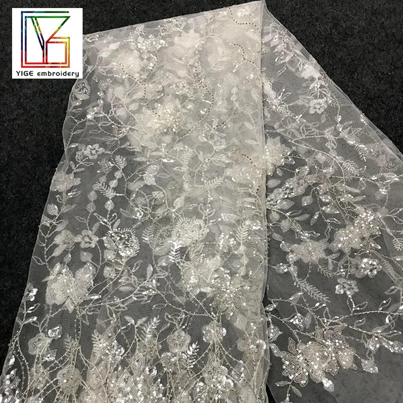 100%polyester Cheap Hot Sale Machine Beads Net Embroidery French Tulle Sequins Fabric Lace for Wedding Dress