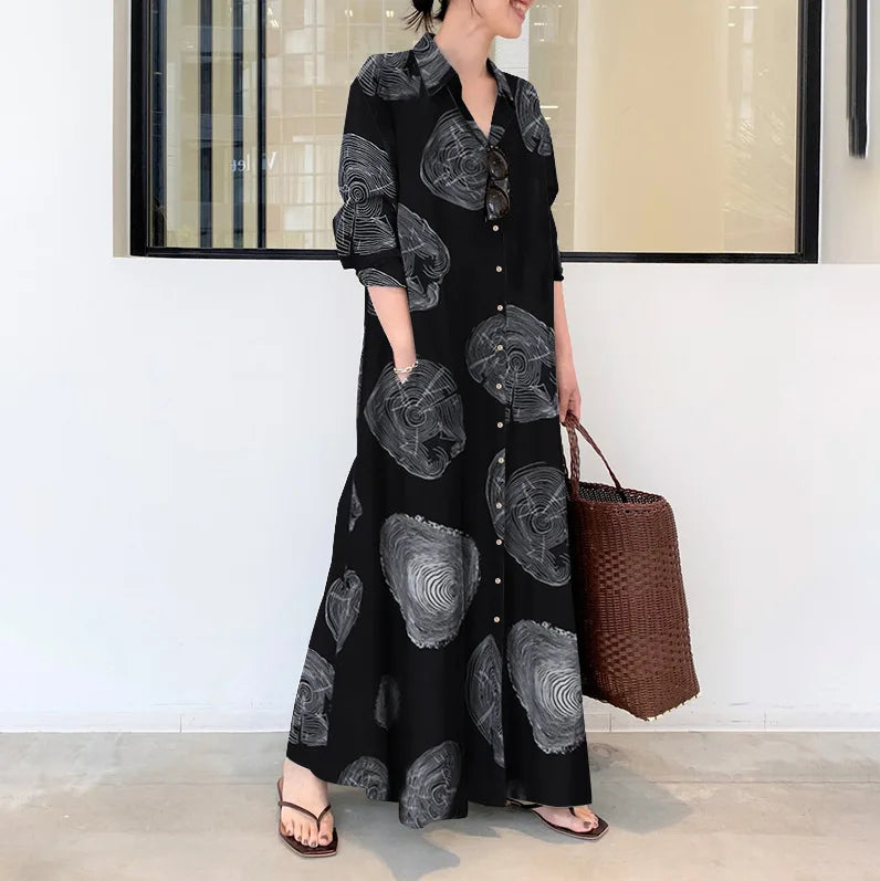 S-5XL Large Women's Muslim Cotton  Printing Long-sleeved Simple Loose Casual Long Shirt  Floral Dress
