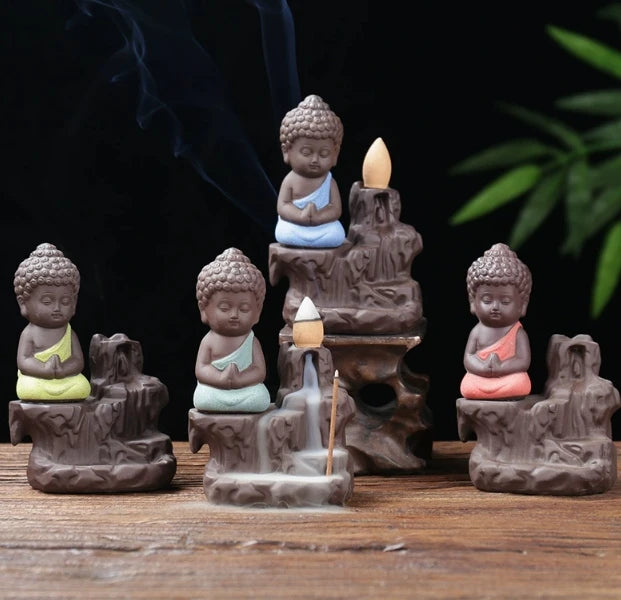 12.5X9X9cm Pottery Ceramic Monk Buddha Backflow Incense Burner Censer Line Sandalwood Cones Cheap Holder