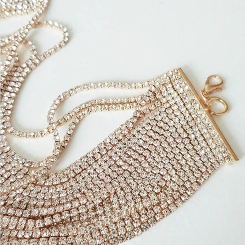 Luxury Shiny Crystal Multi-layer Diamond Choker Necklace Wedding Jewelry for Women Rhinestone Tassel Collar Necklace Accessories