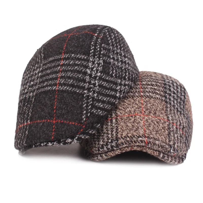 MIO Mens Beret Winter Cap Plaid Thick Hat for the Elderly Advanced Cap Winter Autumn Cap Casual Adjustable