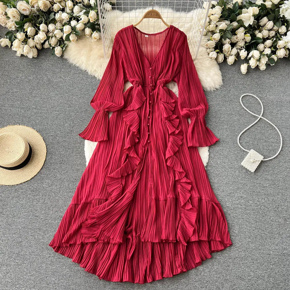 Wholesale 2026 Summer Beach Vacation Chiffon Ruffle Lace V-neck Temperament Pressed Pleated Waist Slim Women's Dress