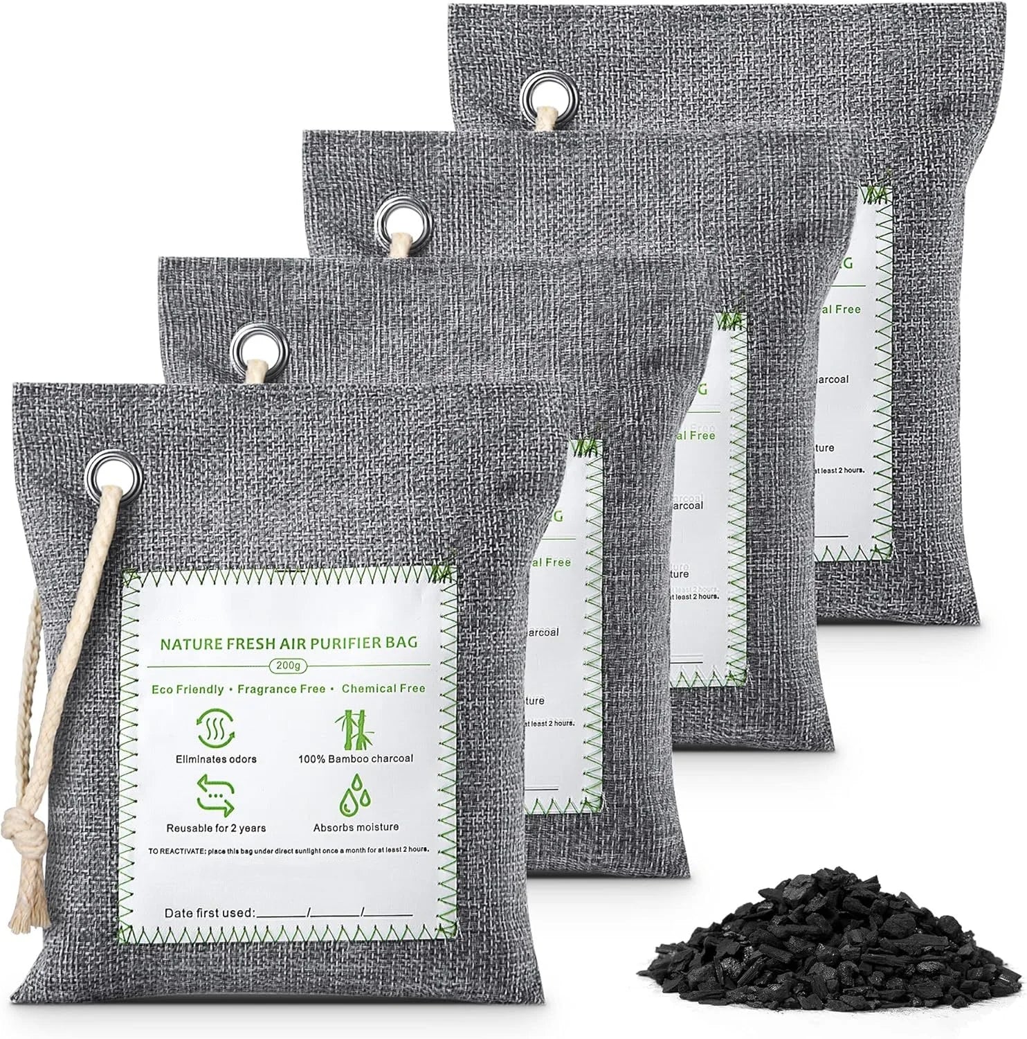 4x200g Bamboo Charcoal Air Purifying Bags Fresh Odor Eliminator Moisture Absorber for Home Car Pets Bathroom