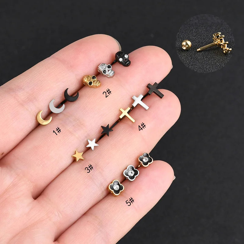 Skull Moon Star Cross Ear Bone Screw Nails Nose Lip Stainless Steel Threaded Piercing Stud Earring Gold Plated for Weddings