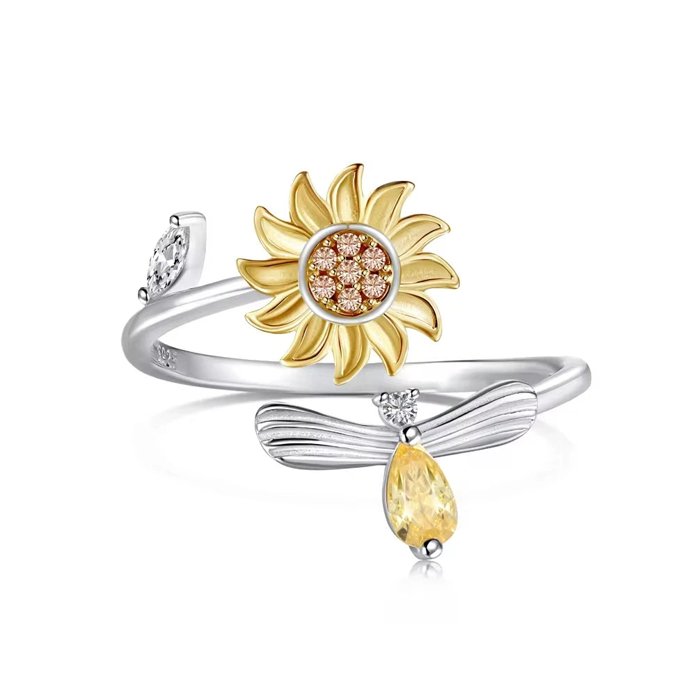 ACME Fashion Sunflower Bee Shape Spinning 18K Gold Plated  S925 Silver Waterproof   Vintage Sunflower Rings for Women