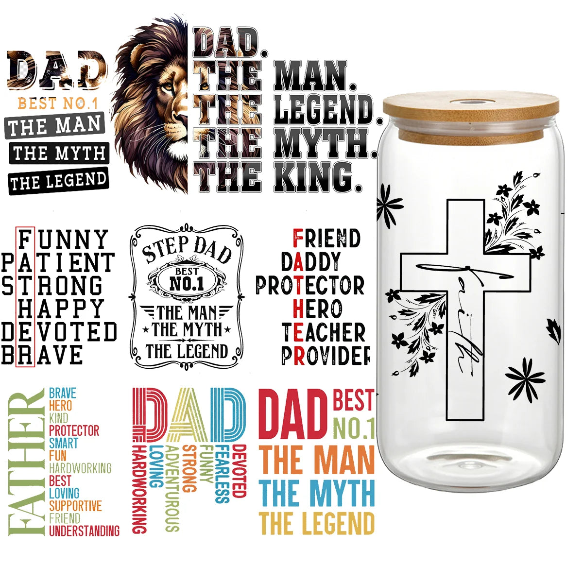 Custom UV Transfer Printing Dad Design Strong Adhesive UV Wrap Stickers for Glass Cups UV Transfer Designs on Mugs