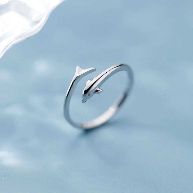 Real 925 Sterling Silver Dolphin Animal Adjustable Ring for Women Party Cute Fine Jewelry Minimalist Accessories