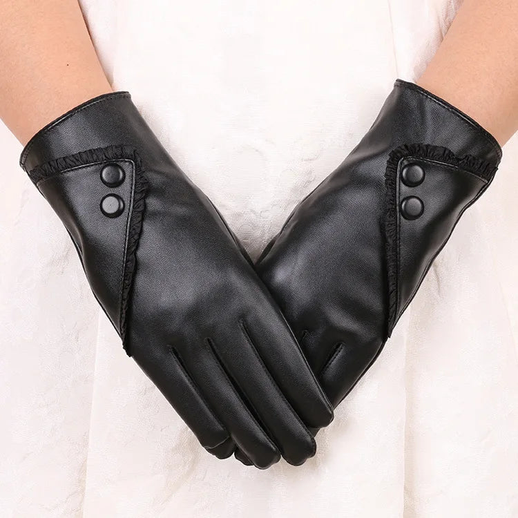 Autumn/Winter Women's Thermal PU Leather Gloves with Lace Warm and Fluffy Touch Screen Gloves for Outdoor Sports & Cycling