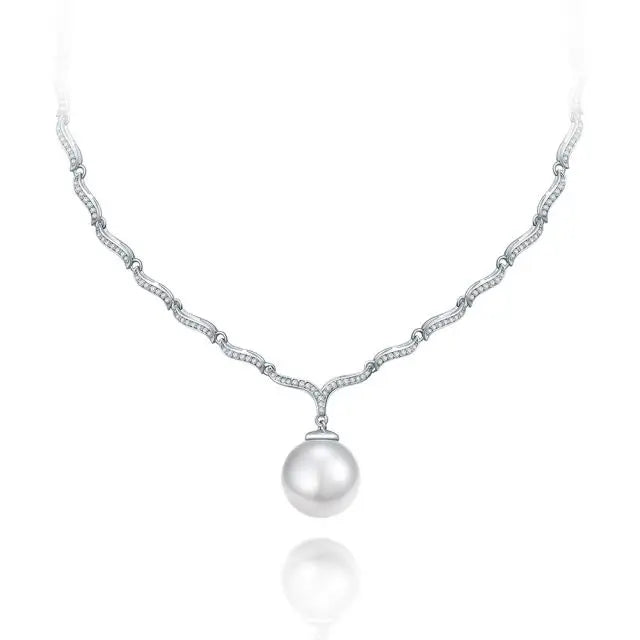 Sterling Silver Genuine Cubic Zirconia Round Pearl Pendant Necklace for Women