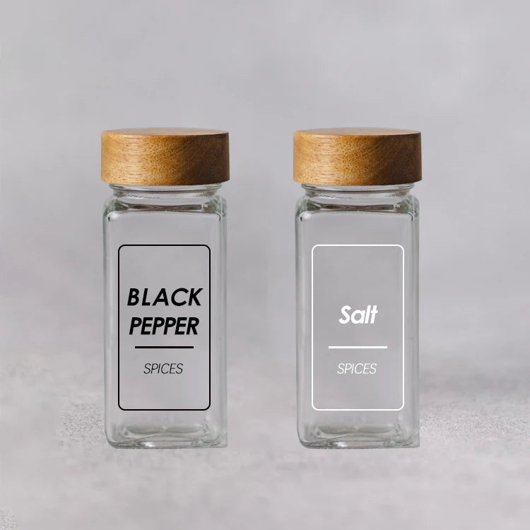 Wholesale Custom Logo Stickers Reusable Square 120ml 4oz Spice Container Glass Shakers Bottle Packaging Jar With Wooden Lid