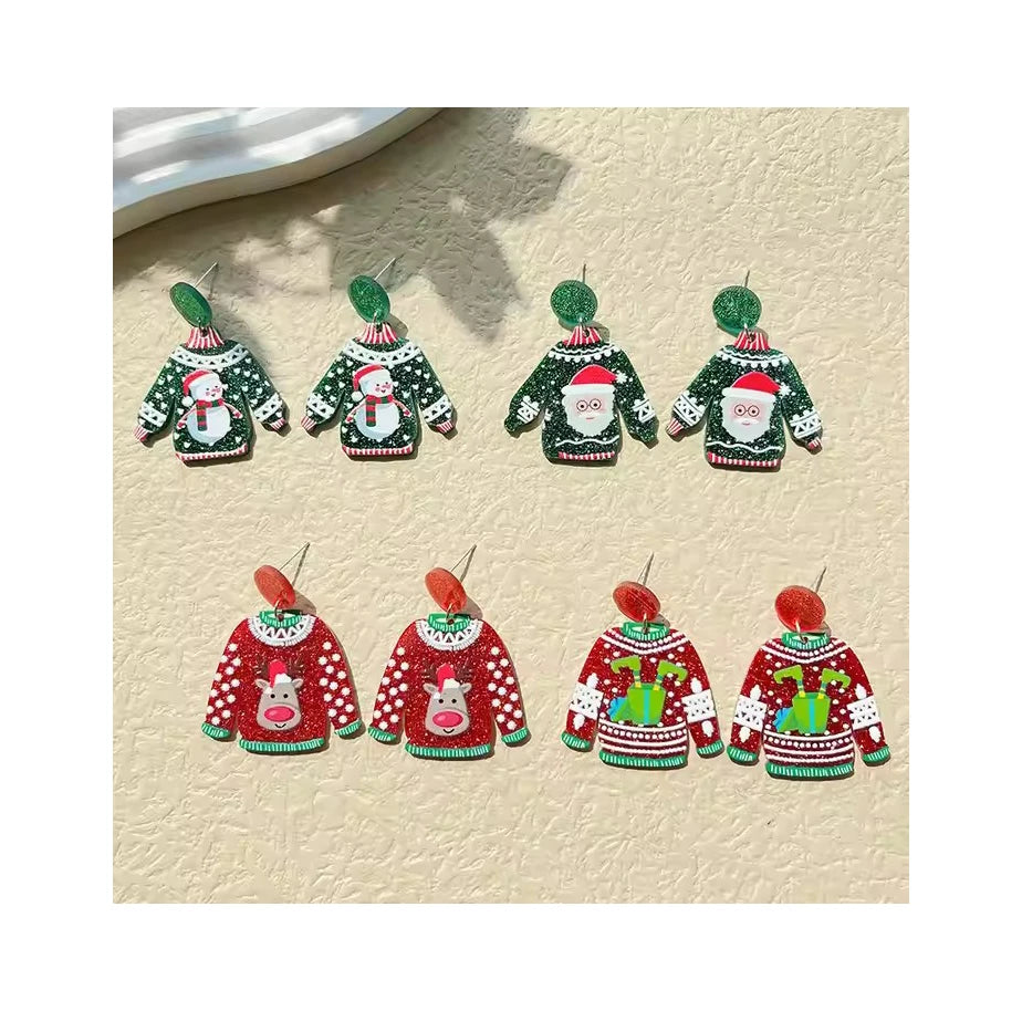 Fashion Sweater Shaped Acrylic Drop Christmas Earrings Cute Cartoon Santa Claus Elk Christmas Earrings Jewelry