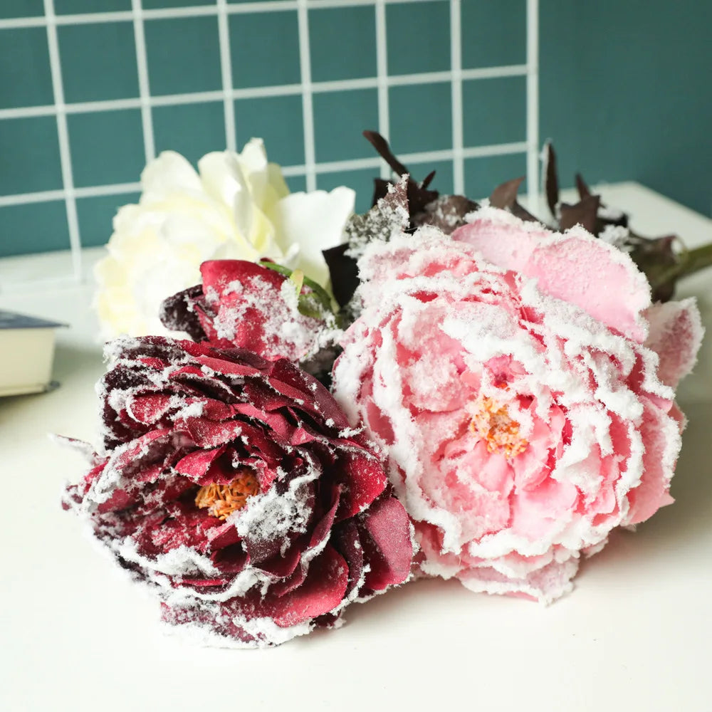 D-PE002 Factory Wholesale Artificial Peonies Flowers With Snow Christmas Snow Peony Flowers for Winter Christmas Home Decoration