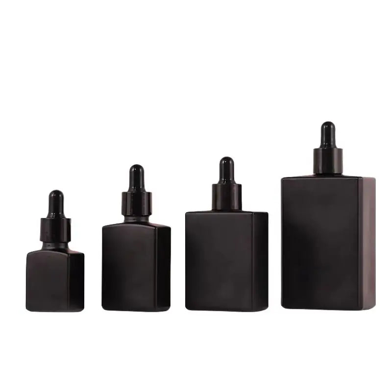 Rectangular Matte Black Frosted Glass Bottles 30ml 50ml 100ml Flat Square with Dropper for Essential Oils Skin Care Serums