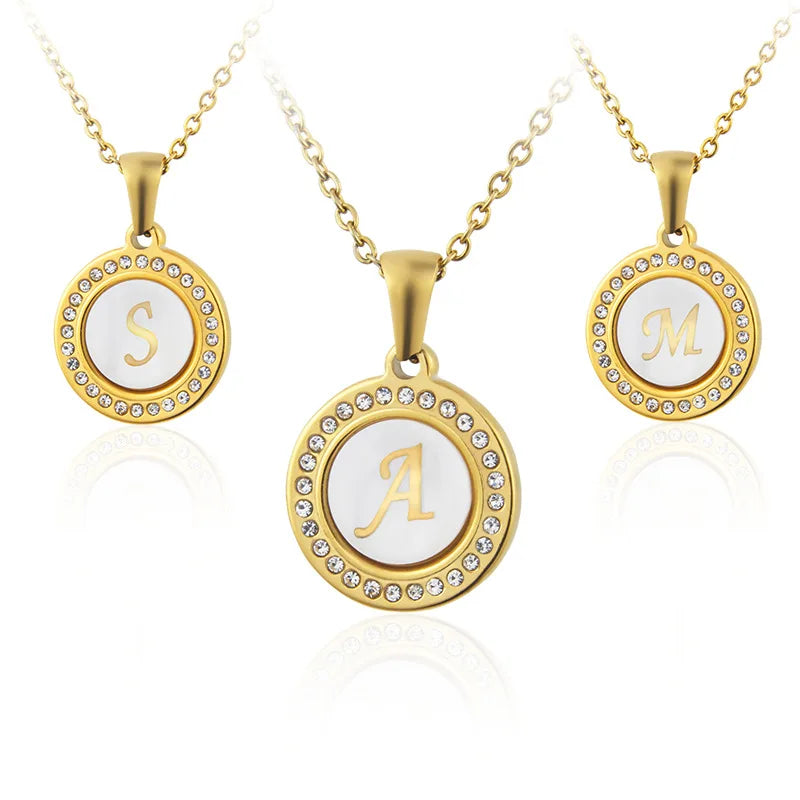 Wholesale  Gold IP Plating Stainless Steel Round Clear Zircon Cateye Stone Initial 26 English Letters Pendant Necklace