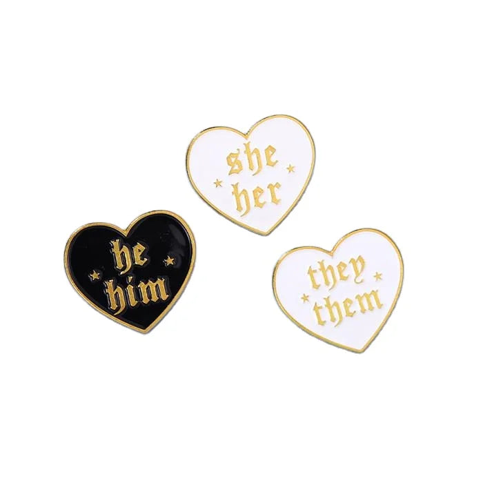 Personality English Third Person She Her Him Creative Letters Simple Fashion Heart Shape Versatile Metal Badge