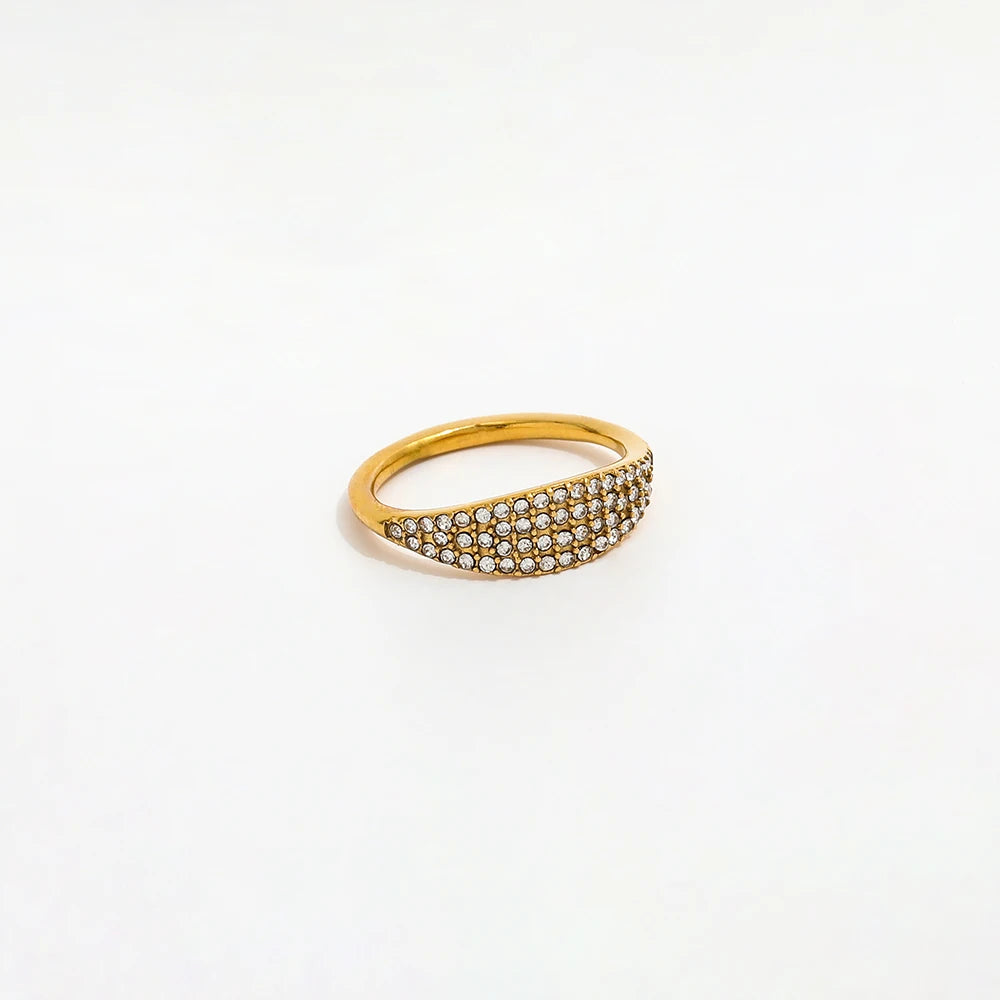Joolim Jewelry 18K Gold Plated Waterproof Tarnish Free Luxury Dainty Zirconia Pave Cambered Stainless Steel Rings for Women