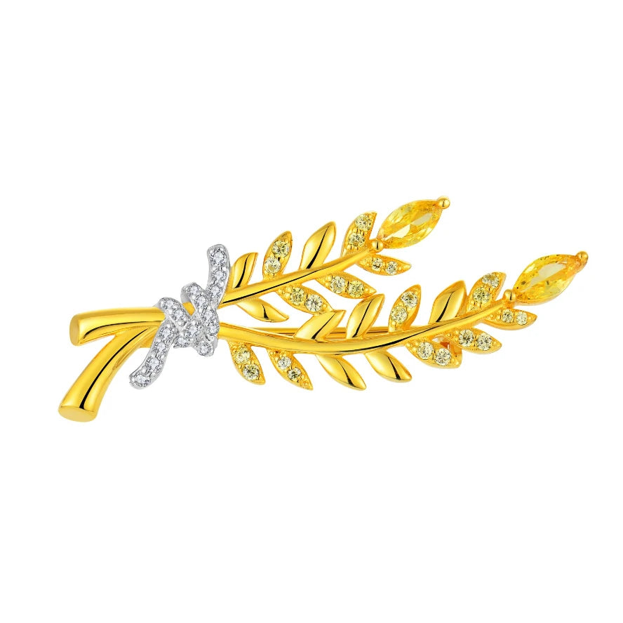 Handcrafted 925 Sterling Silver Base Luxury 18K Gold Plated Wheat Brooch with Zircon