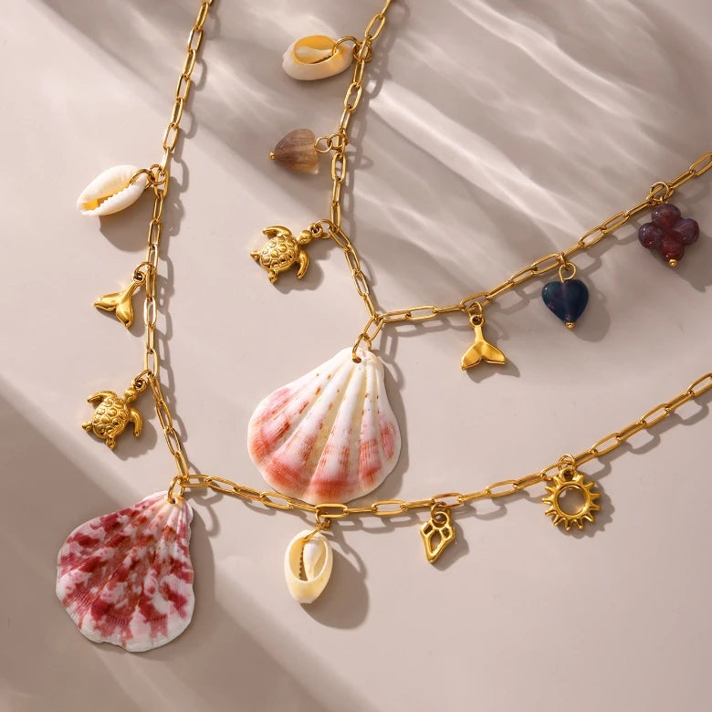New Arrivals Stainless Steel Gold-plated Ocean Style Shell Natural Stone Sun Starfish Series Pendant Necklace Jewelry for Women