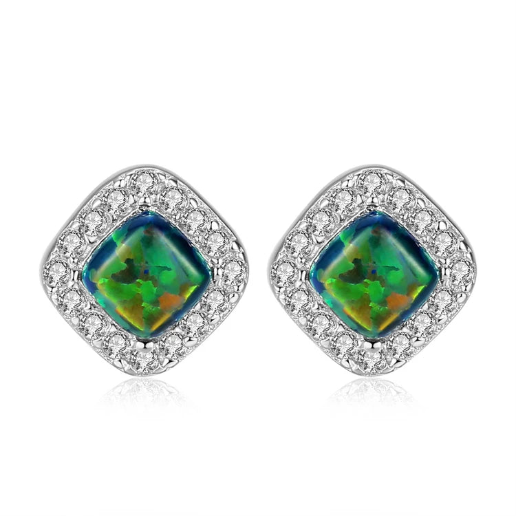 Fine Jewelry Women 925 Sterling Silver Square-Shaped Natural Opal Zircons Stud Earrings Gold Plated Trendy Style Parties Gifts