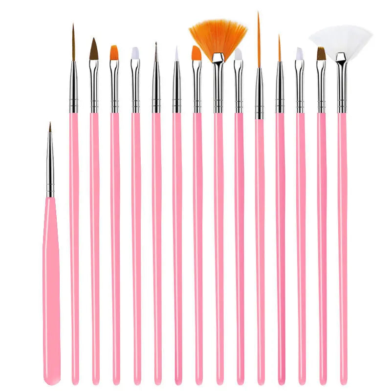 Custom 15pcs Professional Nylon Plastic Handle Acrylic Gel Liner Pink Nail Paint Art Brush Sets