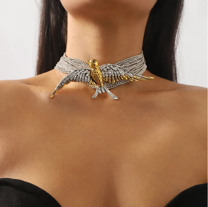 New Trend Multilayer Full Rhinestone Glass Bird Pendant Necklace Wedding Banquet Luxury Shiny Jewelry Women Accessories