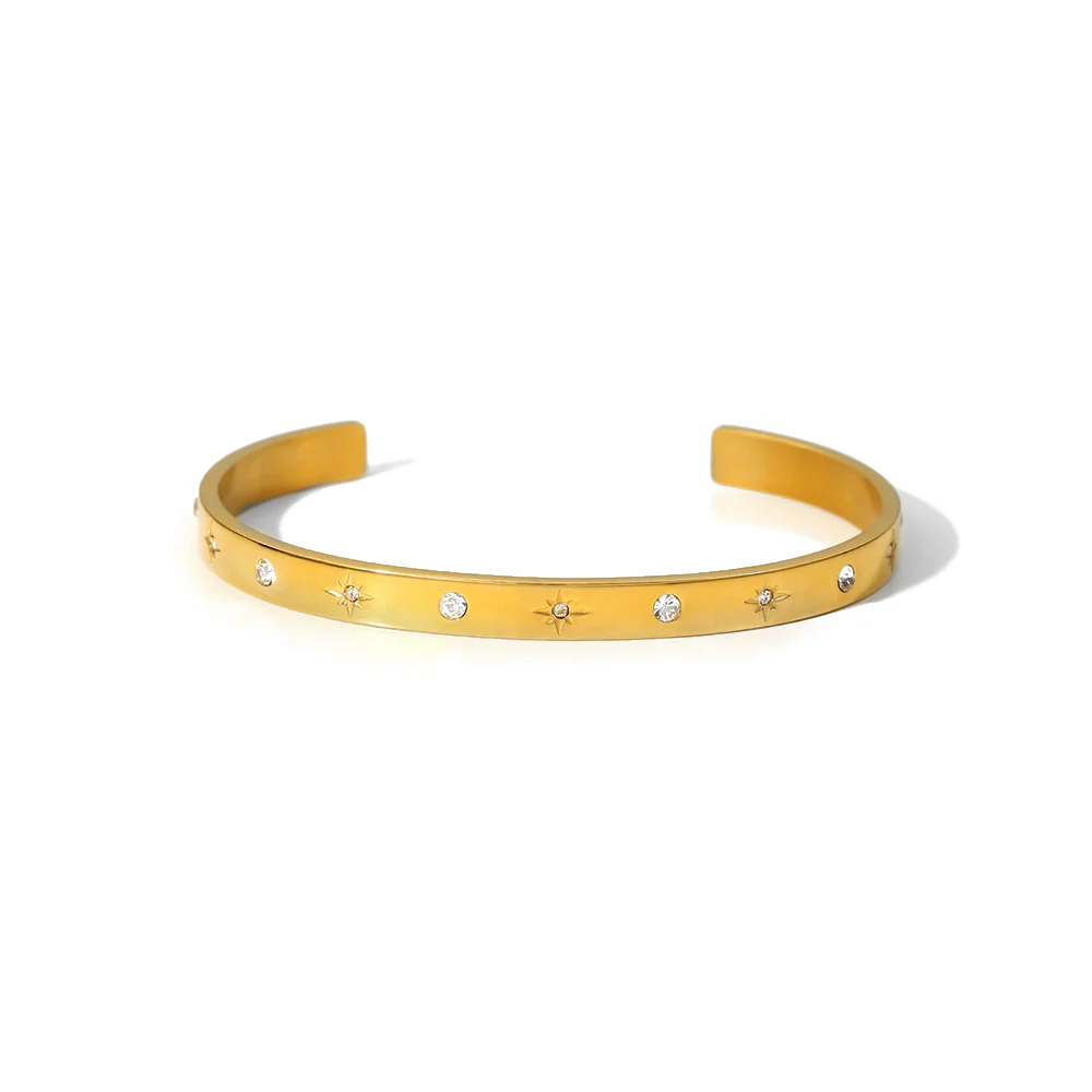 18K Gold Plated Stainless Steel Jewelry Gift Star Round Cubic Zirconia Opening Bangles for Women