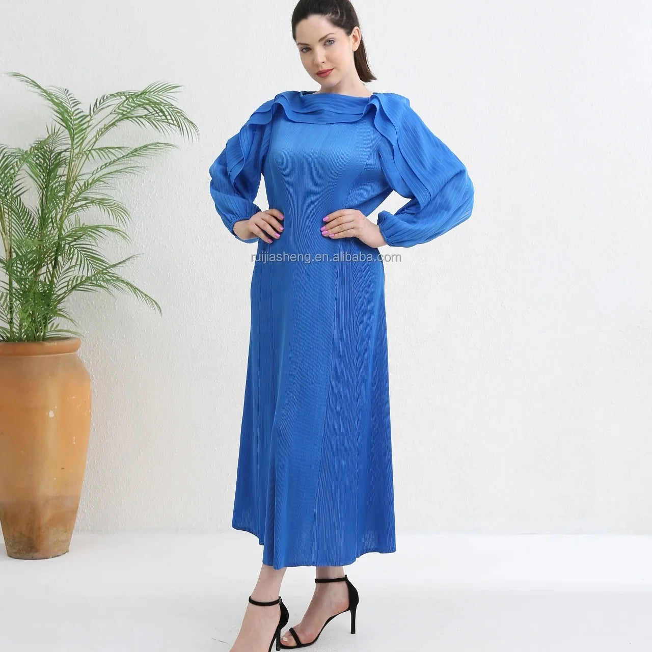 Miyake Women's Long Sleeve Boho Style Dress Elegant Modest Maxi Pleated Casual Dress for Summer Prom Plus Size for Muslim Women