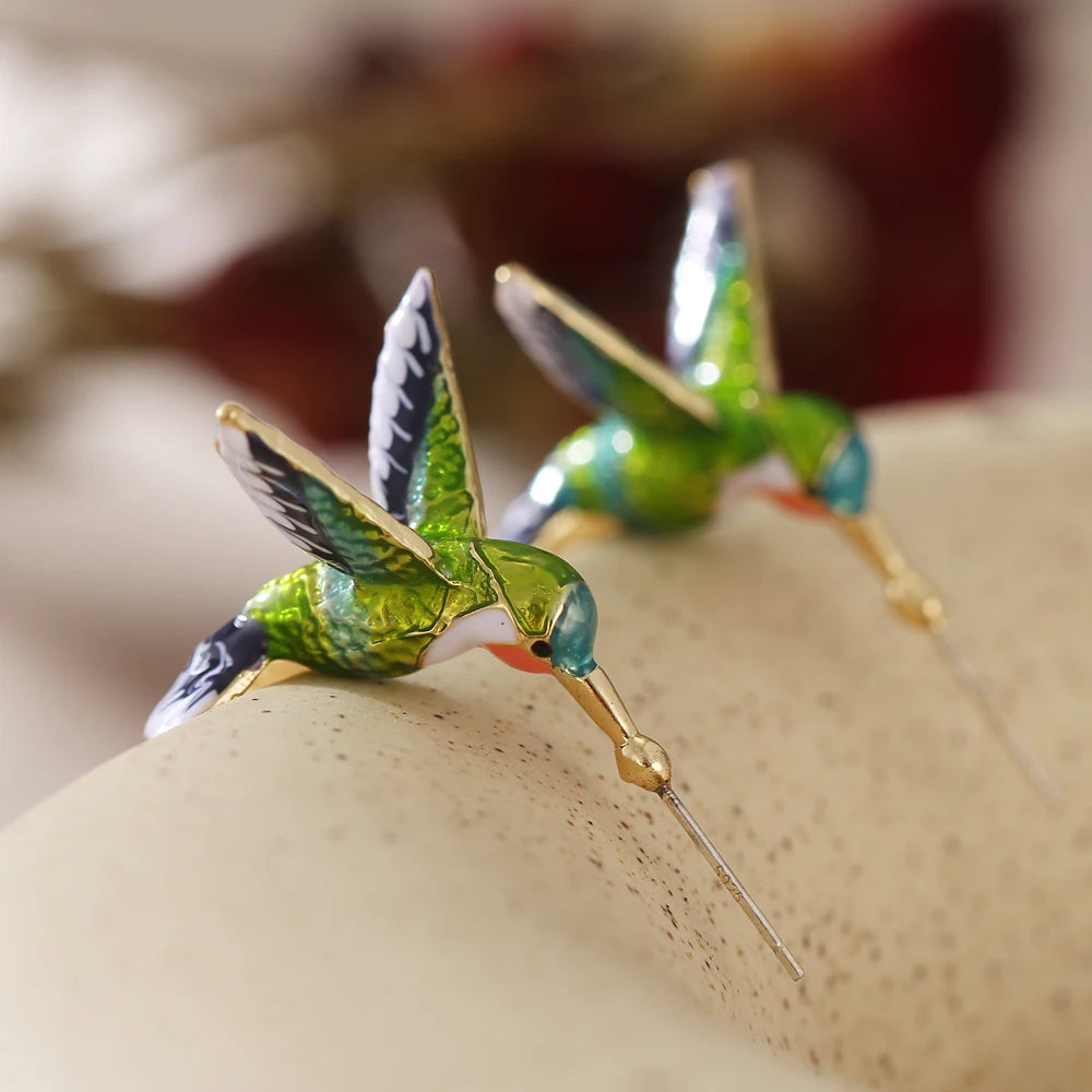 Huitan Unique Top Jewelry Enamel Birds Earrings Bohemia Colorful Green Birds Gold Natural Stone Beautiful Stud Earring