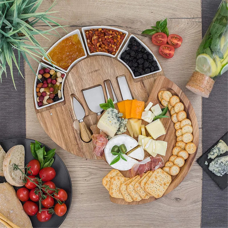 Hot Custom Wooden Bamboo Cheese Board Set With Cutlery in Slide Out Drawer Cheese Platter Cutting Board