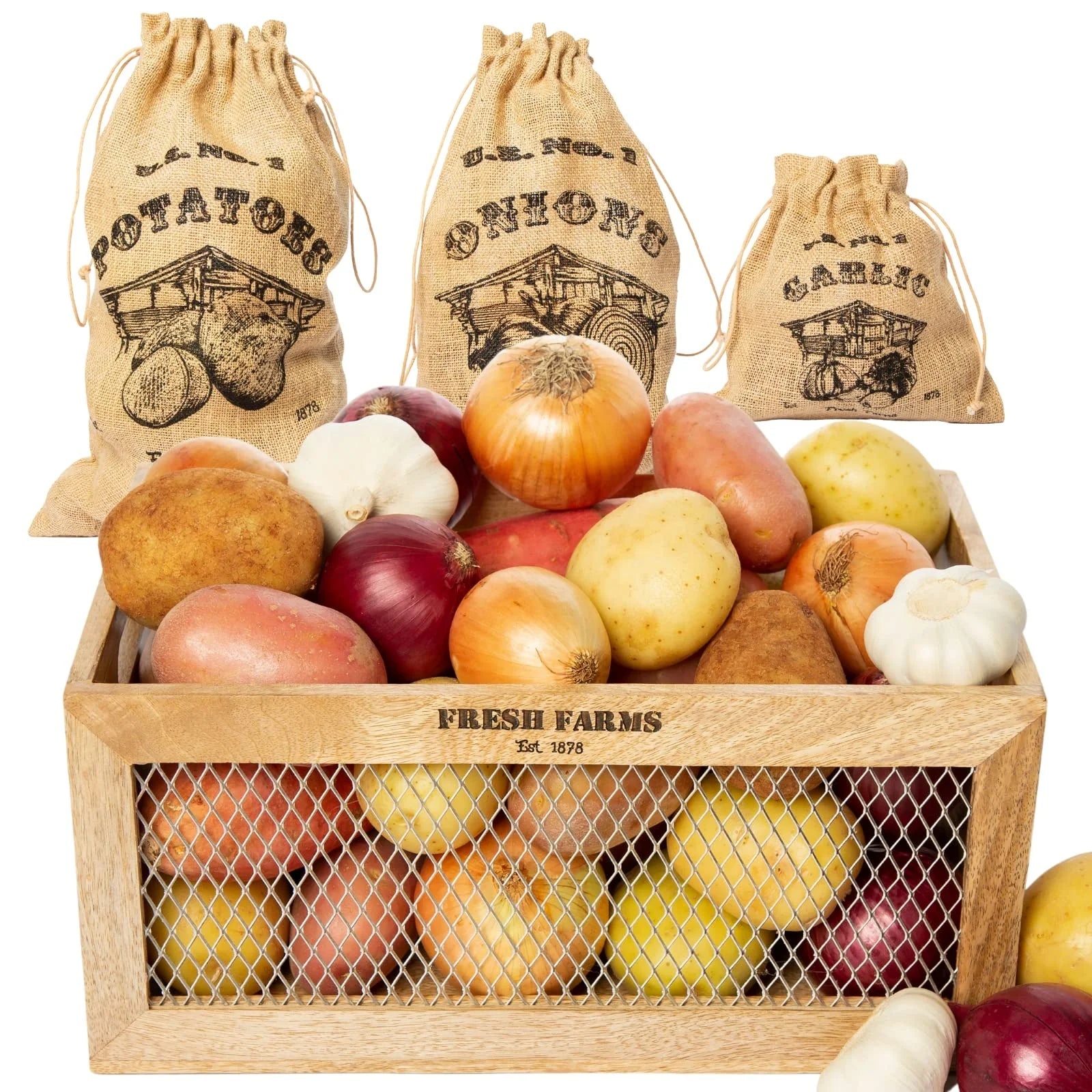 Potato and Onion Storage Bin Garlic Storage Handcrafted Farmhouse Kitchen Wooden Crate Box