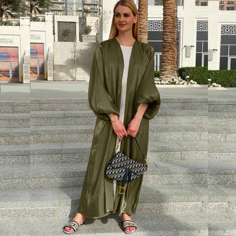 Women's Elegant Silk Muslim Abaya Open Front Cardigan Maxi Dress for Eid Prayer Dubai Islamic Dress Middle East Arabian Robe