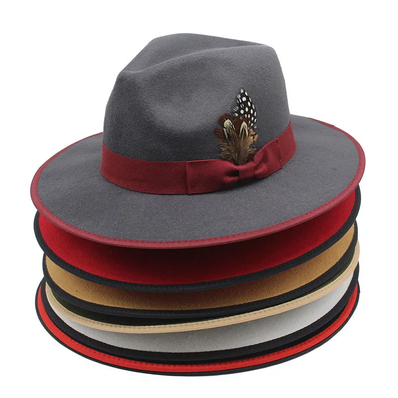 Classic Fedora Hats With Feather Wide Brim Wool Felt Hat for Travel Vintage Style Fedora