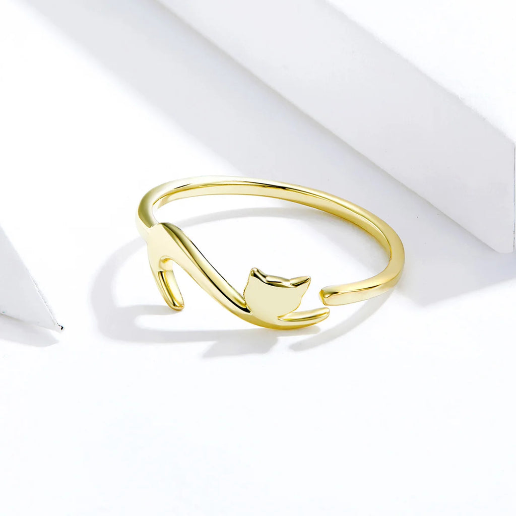 100% 925 Sterling Silver Sticky Cat with Long Tail Finger Ring Women Ring Adjustable Engagement Ring Jewelry