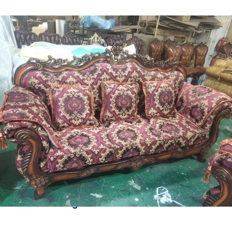 In Stock Luxury Classical 7 Seater Sofa Set Ready to Ship Cheap Price European Style Turkish Wooden Pattern Fabric Sofa Set