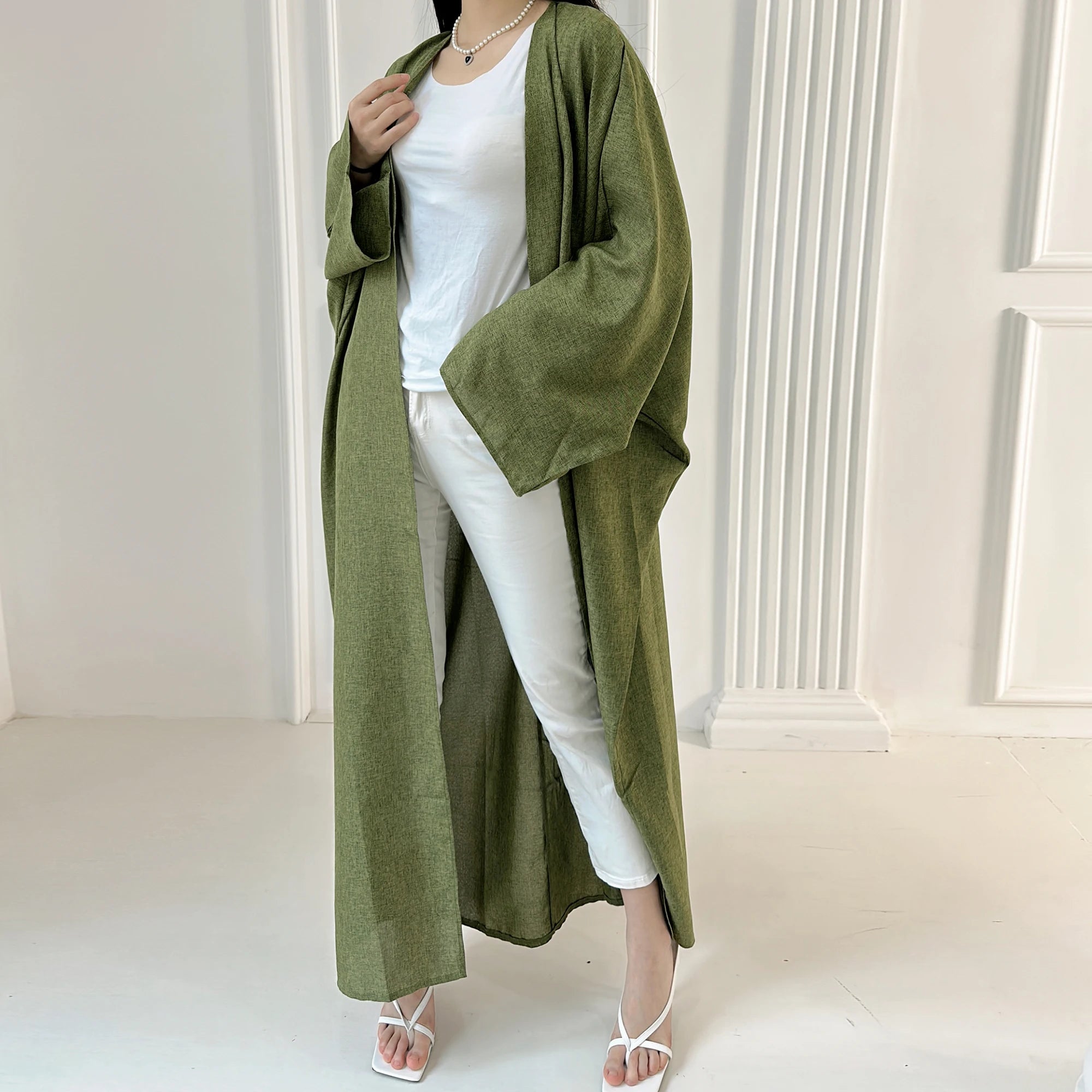 Loriya 2023 New Fashion Islamic Clothing Designs Modest Kimono Abaya Dubai Style Linen Polyester Muslim Women Open Abaya