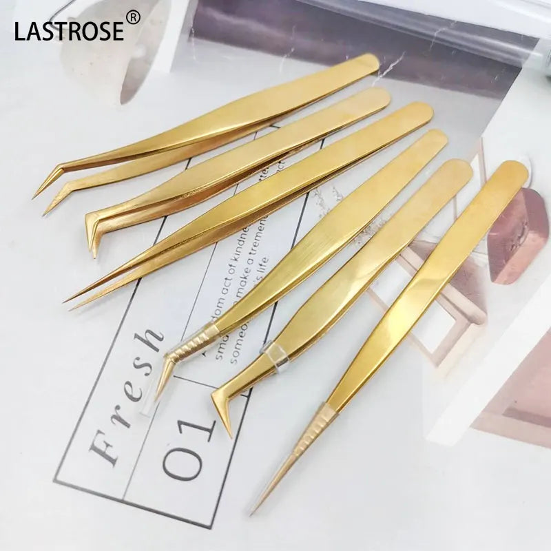 Private Label Long Curved Stainless Steel Eyelash Extension Tweezers Kit Pointed Tip Gold DIY Eyelash Tweezers