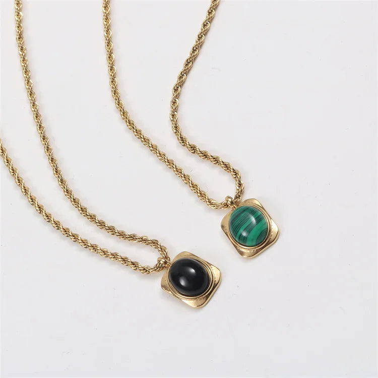 18k Gold Plated Stainless Steel Rope Chain Necklace Women Oval Shape Agate Natural Stone Jewelry Necklaces
