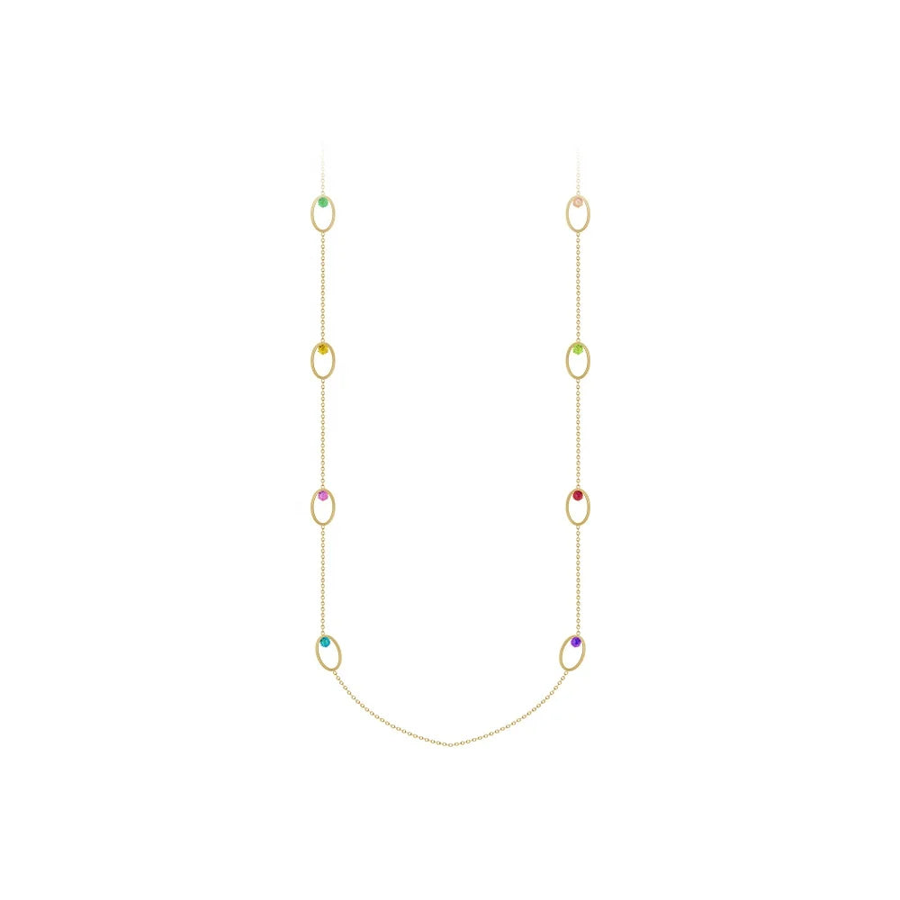 PVD 18K Gold Plated Stainless Steel Jewelry Long Sweater Chain Hollow Oval Colorful Zircon Charms for Women Necklace P233387