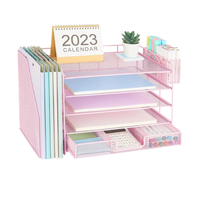 Metal Paper Tray Organizer Mesh File Holder 5 Tier Desk Organizers with Pen Holder Office Desk Accessories Desktop Organization