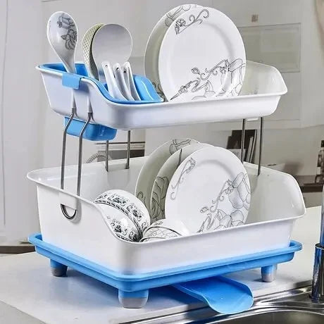 Hot Sale Plastic 2-Tier Plate Kitchen Shelf Drying Dish Holder Stand Organizer Storage Drain Rack with Drainboard