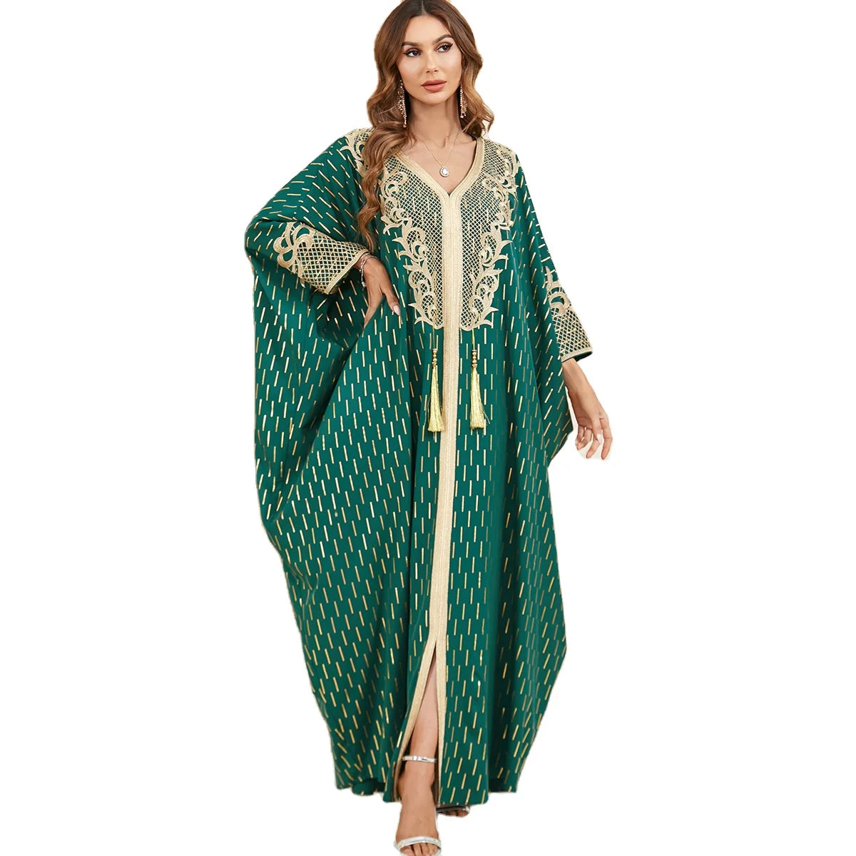 Muslim Green Hot Gold Bat Sleeve Collar Splicing Middle East Explosion Plus-size Fringe Slit Dress