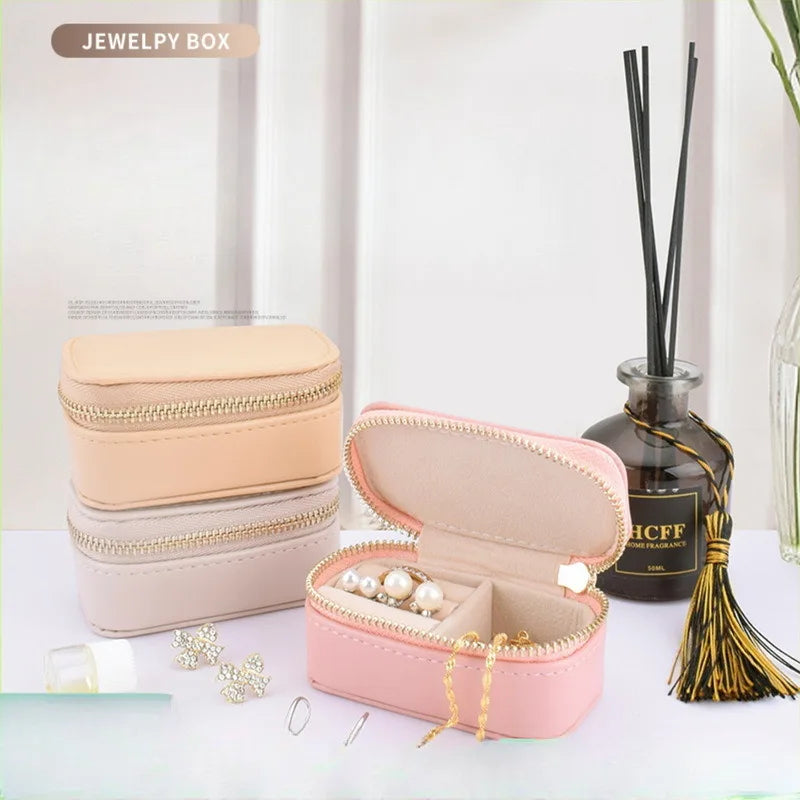 Mini LeatherJewelry Organizer Travel Jewelry Zipper Case Boxes Earrings Necklace Ring Portable Jewelry Box